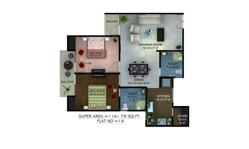 Floor plan of 2 BHK 1141 Sq. Ft. Apartment in Ratan Galaxy, Lucknow