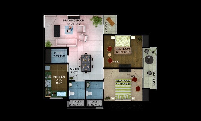 Floor plan of 2 BHK 1168 Sq. Ft. Apartment in Ratan Galaxy, Lucknow