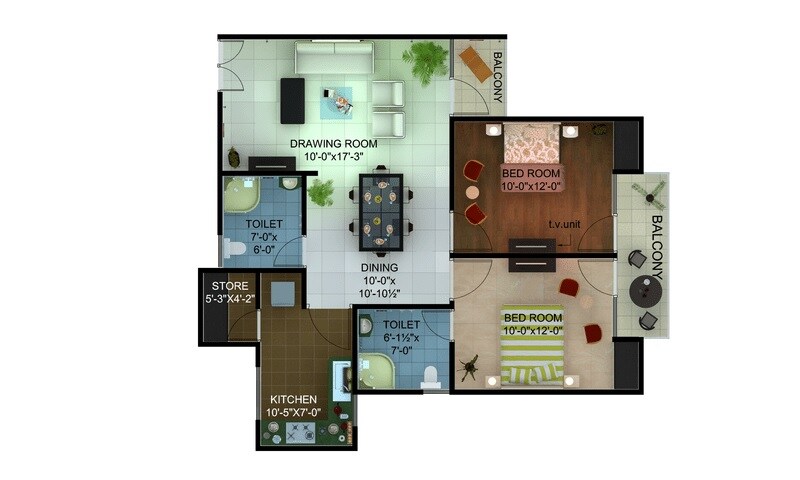 Floor plan of 2 BHK 994 Sq. Ft. Apartment in Ratan Galaxy, Lucknow