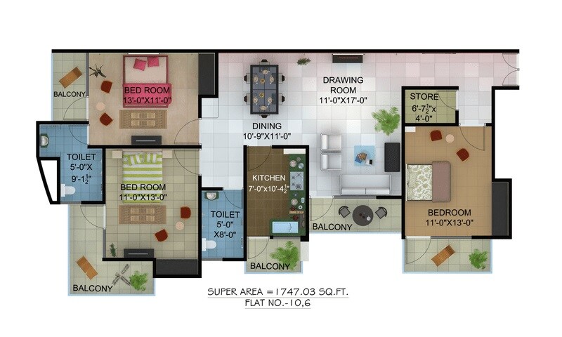 Floor plan of 3 BHK 1747 Sq. Ft. Apartment in Ratan Galaxy, Lucknow