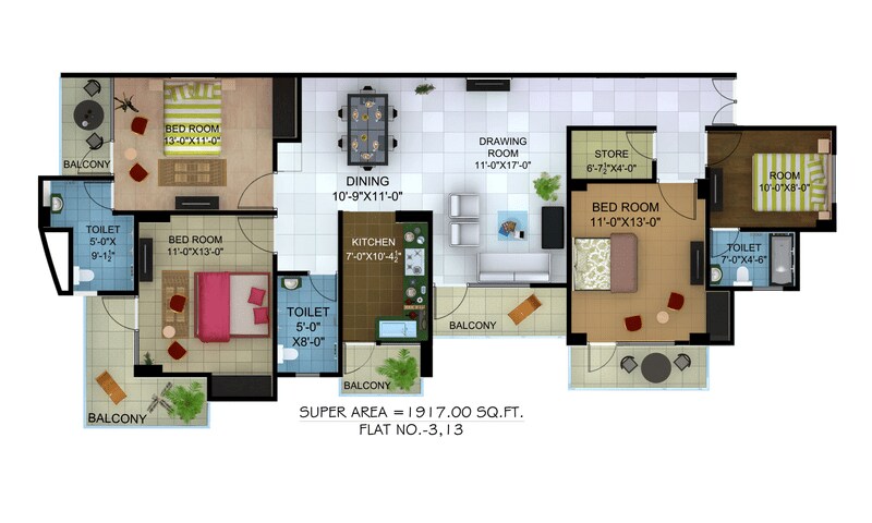 Floor plan of 3 BHK 1917 Sq. Ft. Apartment in Ratan Galaxy, Lucknow