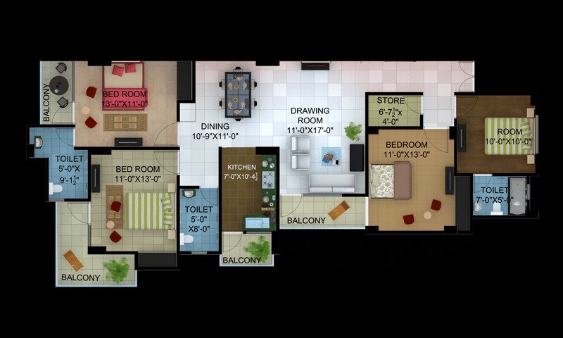 Floor plan of 3 BHK 1955 Sq. Ft. Apartment in Ratan Galaxy, Lucknow