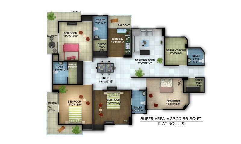 Floor plan of 4 BHK 2366 Sq. Ft. Apartment in Ratan Galaxy, Lucknow