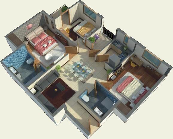 Floor plan of 2 BHK 1090 Sq. Ft. Apartment in RCB Shiva Greens, Lucknow
