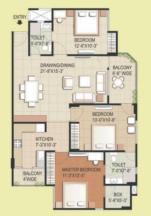Floor plan of 3 BHK 1515 Sq. Ft. Apartment in RG Euphoria, Lucknow