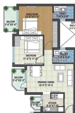 Floor plan of 2 BHK 1099 Sq. Ft. Apartment in Rishita Manhattan, Lucknow