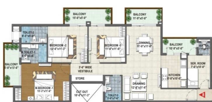Floor plan of 3 BHK 1810 Sq. Ft. Apartment in Rishita Manhattan, Lucknow