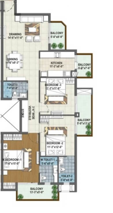 Floor plan of 3 BHK 1611 Sq. Ft. Apartment in Rishita Manhattan, Lucknow