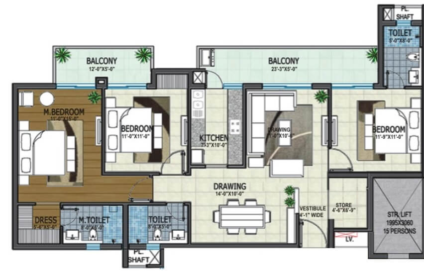 Floor plan of 3 BHK 1680 Sq. Ft. Apartment in Rishita Manhattan, Lucknow