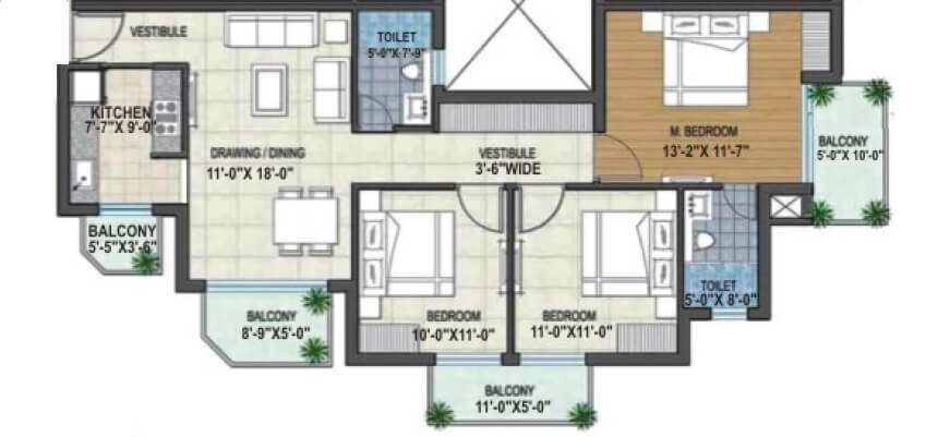 Floor plan of 3 BHK 1375 Sq. Ft. Apartment in Rishita Manhattan, Lucknow