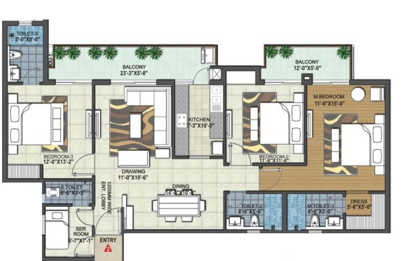 Floor plan of 3 BHK 1800 Sq. Ft. Apartment in Rishita Manhattan, Lucknow