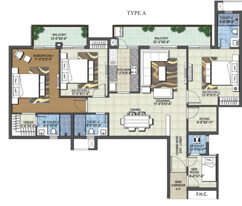 Floor plan of 3 BHK 1885 Sq. Ft. Apartment in Rishita Manhattan, Lucknow