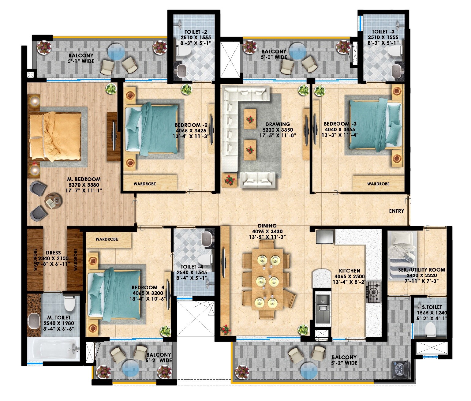 Floor plan of 4 BHK 2460 Sq. Ft. Apartment in Rishita Manhattan, Lucknow