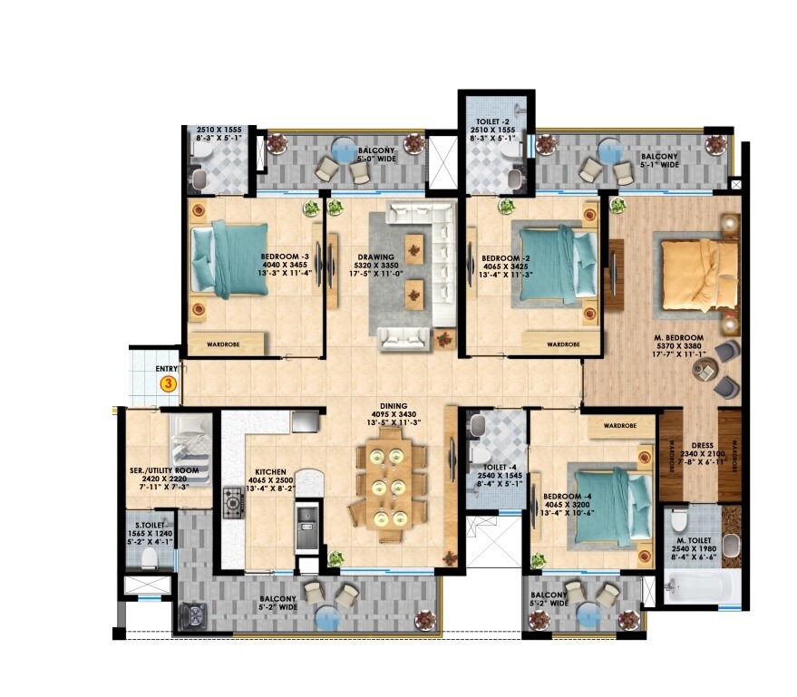 Floor plan of 4 BHK 2650 Sq. Ft. Apartment in Rishita Manhattan, Lucknow