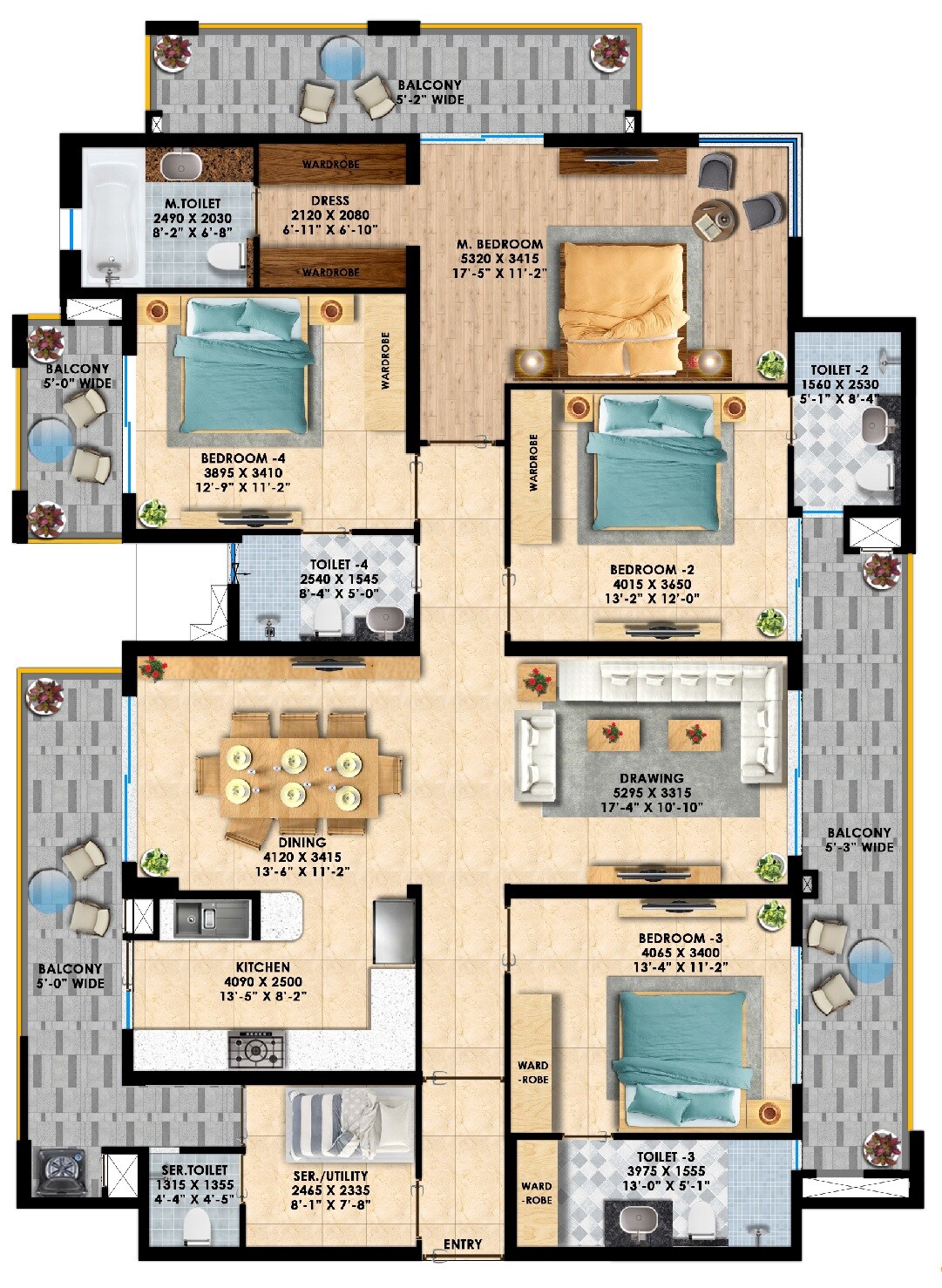 Floor plan of 4 BHK 2745 Sq. Ft. Apartment in Rishita Manhattan, Lucknow