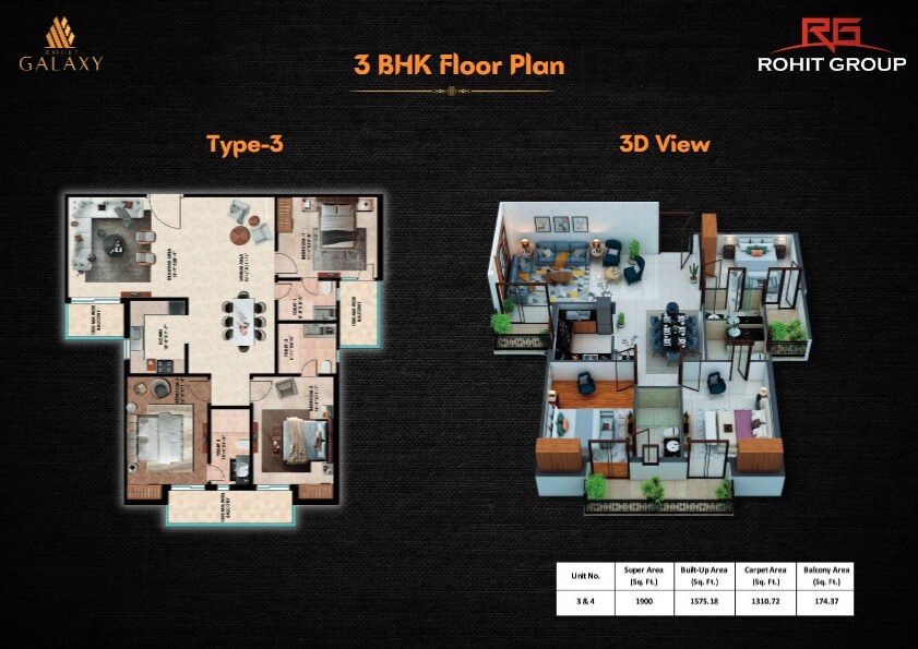 Floor plan of 3 BHK 1900 Sq. Ft. Apartment in Rohit Galaxy, Lucknow