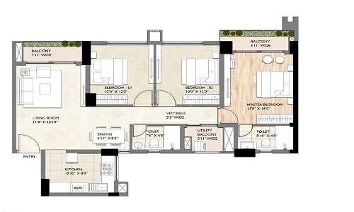 Floor plan of 3 BHK 1489 Sq. Ft. Apartment in Sahu City, Lucknow