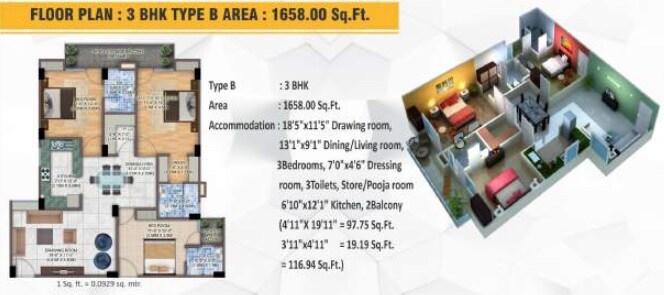 Floor plan of 3 BHK 1658 Sq. Ft. Apartment in Sainik Anand Sagar Enclave, Lucknow