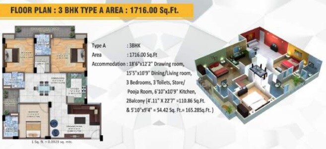 Floor plan of 3 BHK 1716 Sq. Ft. Apartment in Sainik Anand Sagar Enclave, Lucknow