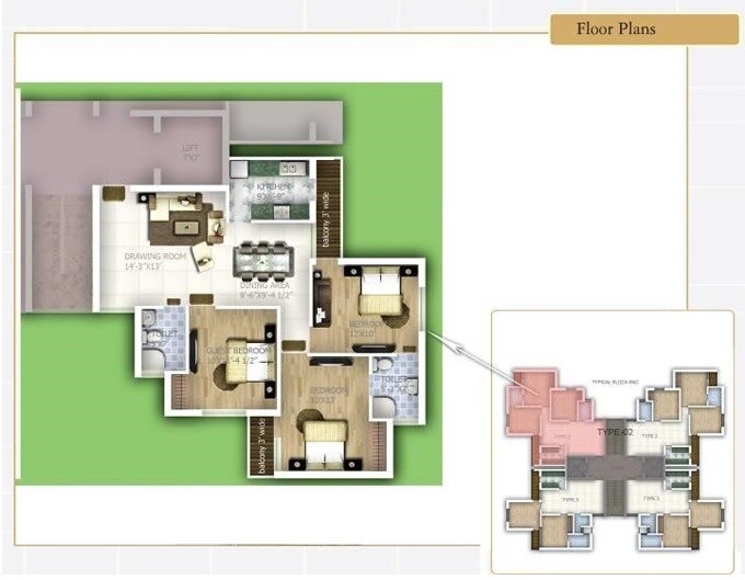 Floor plan of 3 BHK 1500 Sq. Ft. Apartment in Samiah Melrose Square, Lucknow