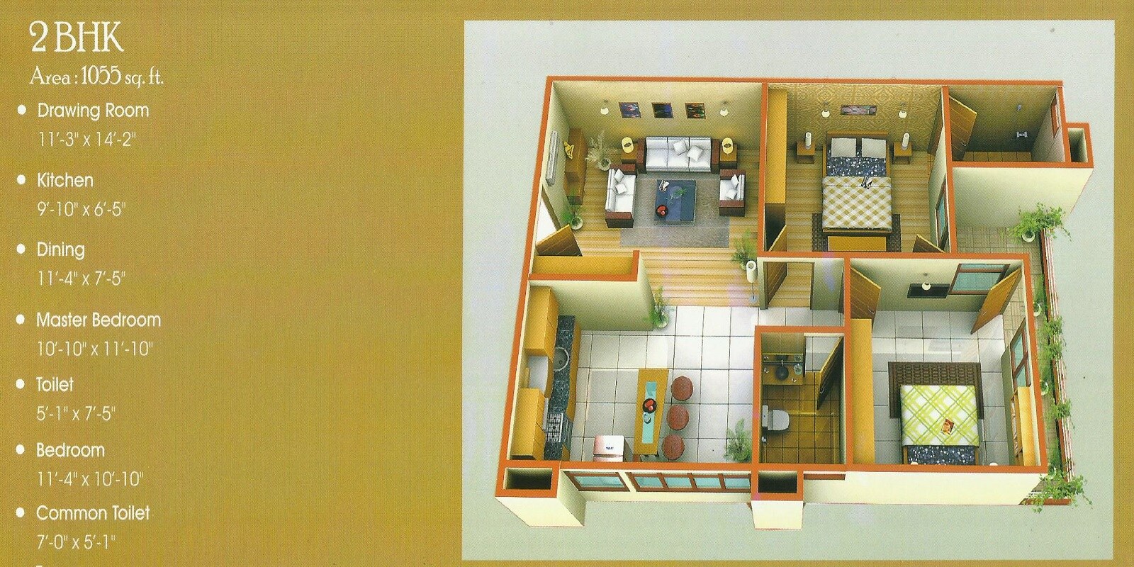 Floor plan of 2 BHK 1055 Sq. Ft. Apartment in Saras Dolphin Enclave, Lucknow