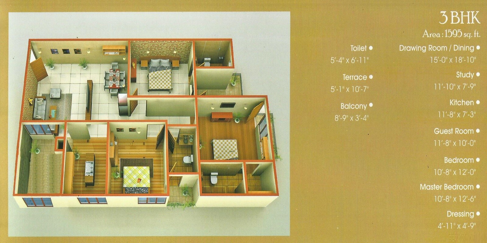 Floor plan of 3 BHK 1595 Sq. Ft. Apartment in Saras Dolphin Enclave, Lucknow