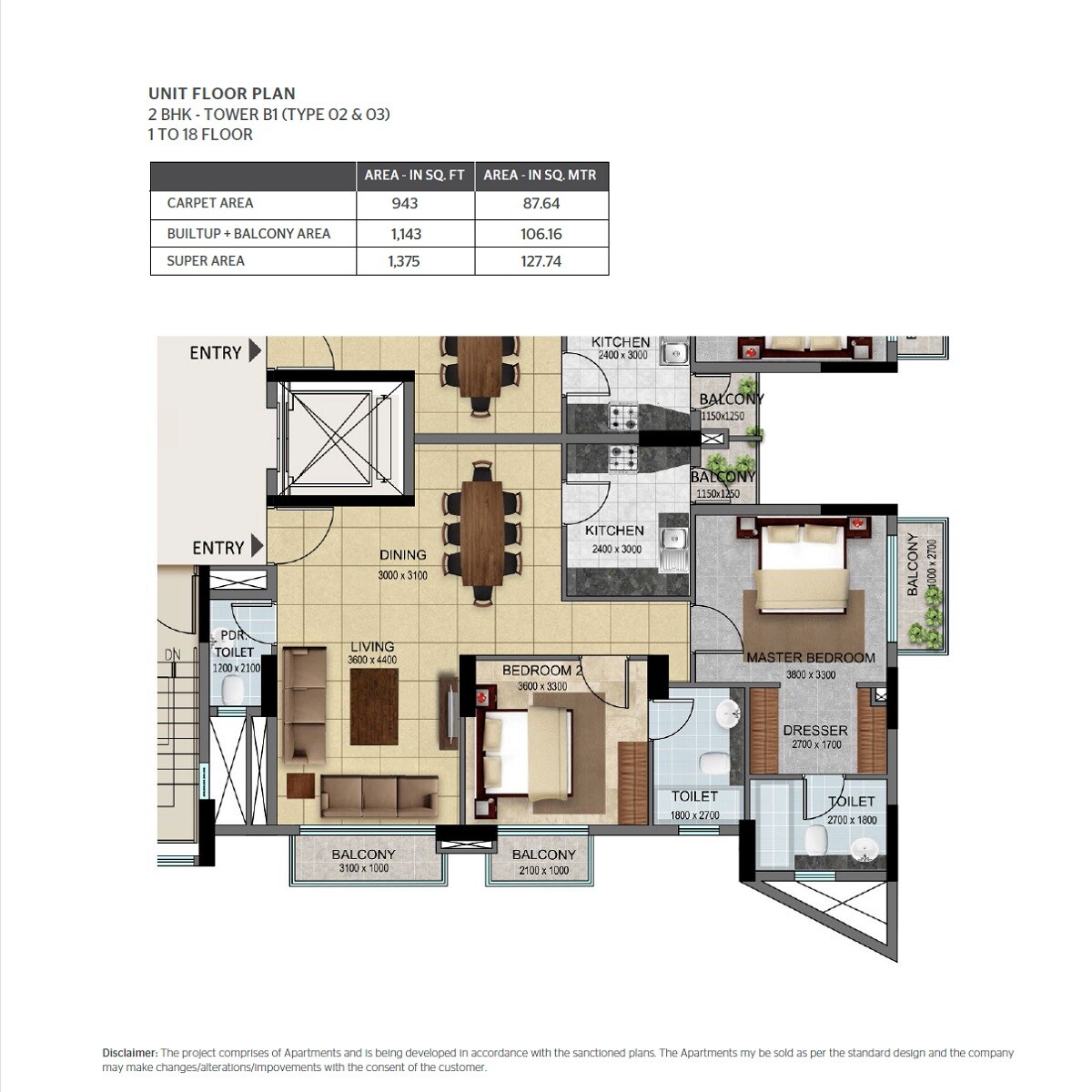 Floor plan of 2 BHK 1375 Sq. Ft. Apartment in Shalimar One World, Lucknow