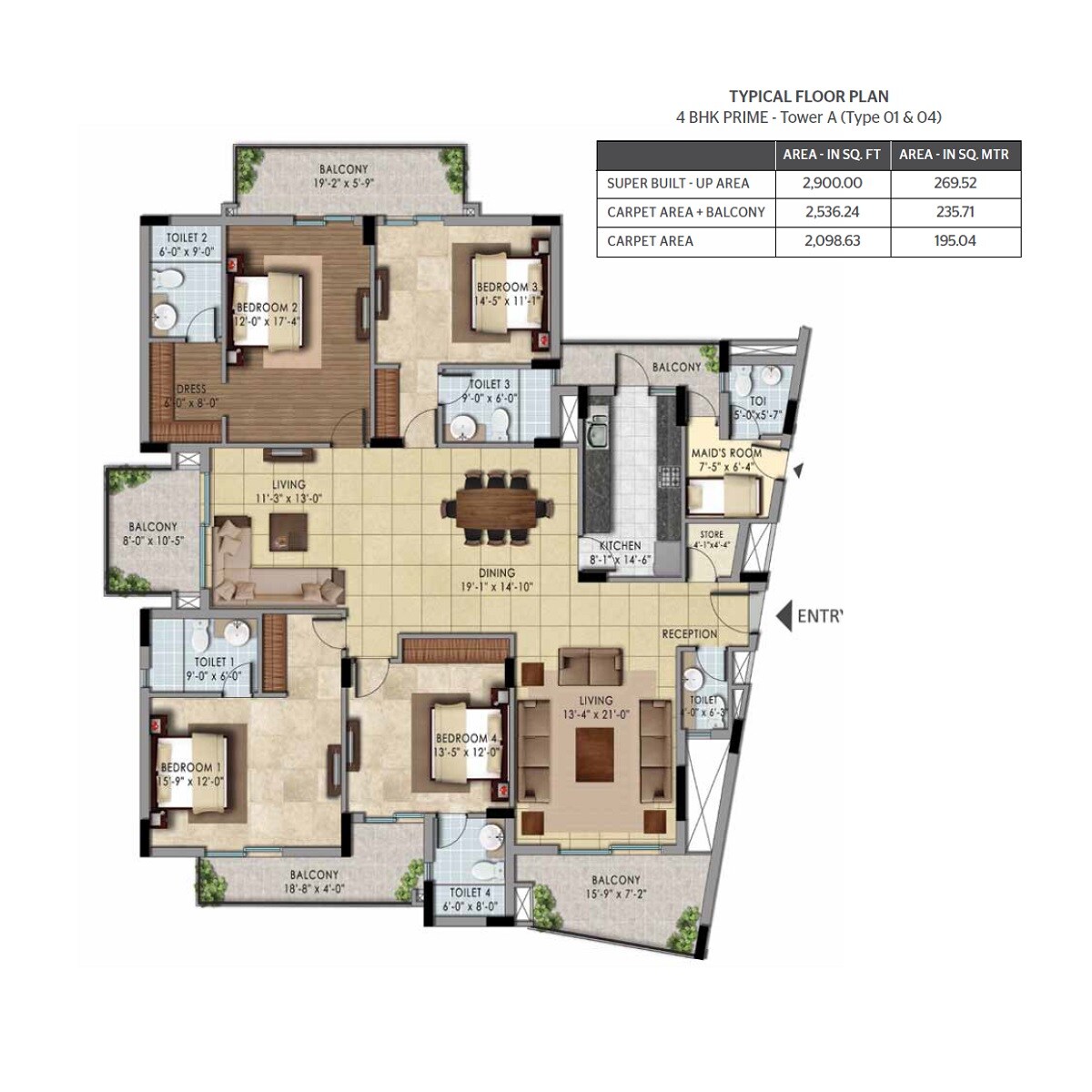 Floor plan of 4 BHK 2900 Sq. Ft. Apartment in Shalimar One World, Lucknow