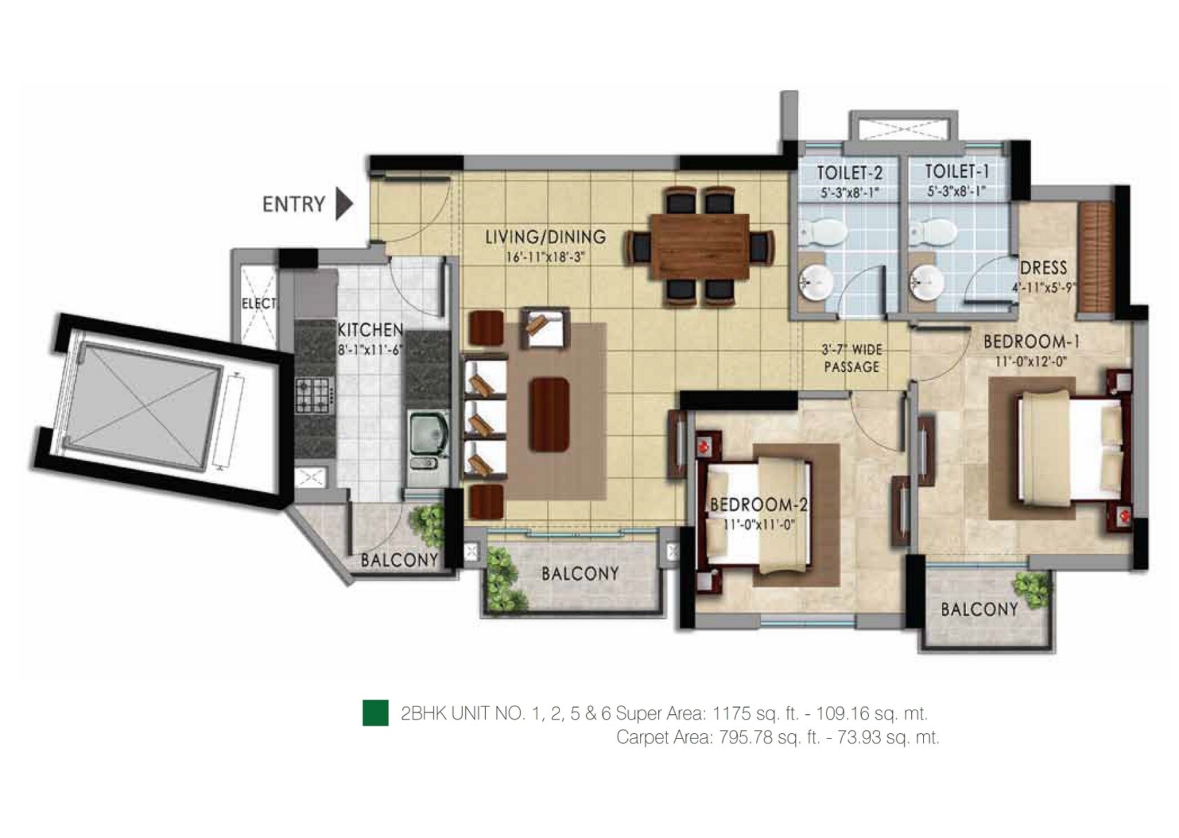 Floor plan of 2 BHK 1175 Sq. Ft. Apartment in Shalimar One World The Chalets, Lucknow