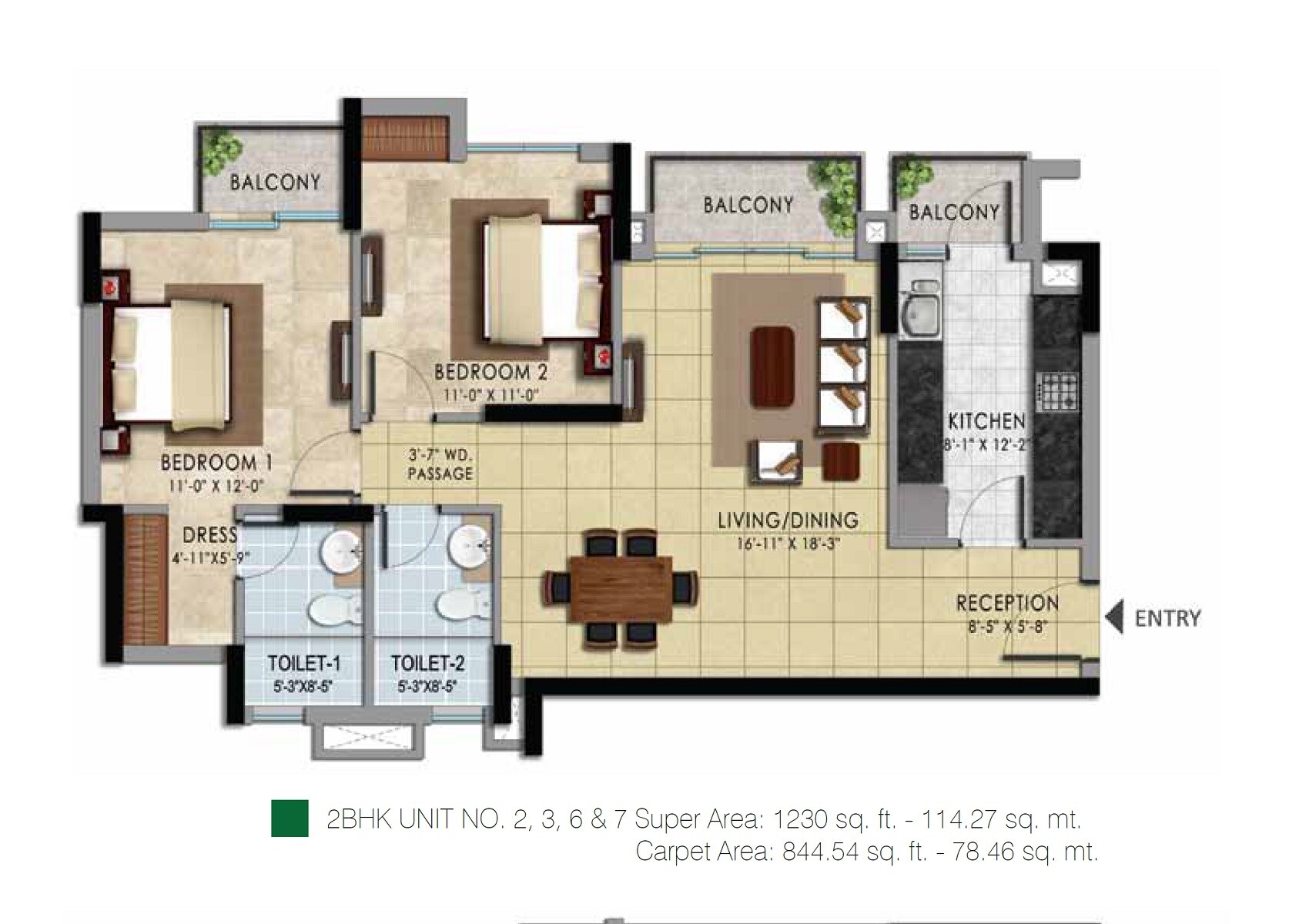 Floor plan of 2 BHK 1230 Sq. Ft. Apartment in Shalimar One World The Chalets, Lucknow