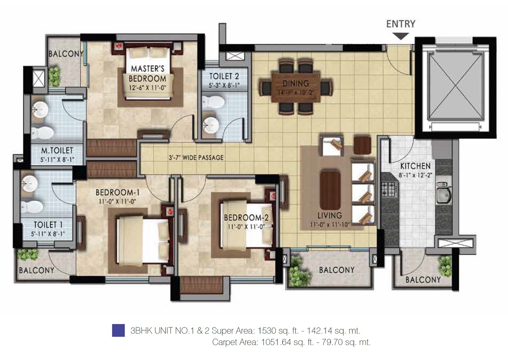 Floor plan of 3 BHK 1530 Sq. Ft. Apartment in Shalimar One World The Chalets, Lucknow