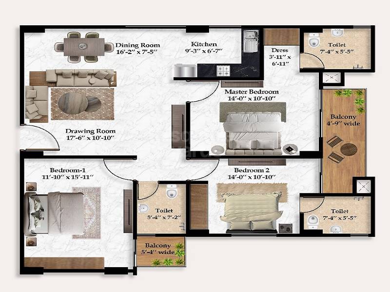 Floor plan of 2 BHK 1070 Sq. Ft. Apartment in Shivani SG Heights, Lucknow