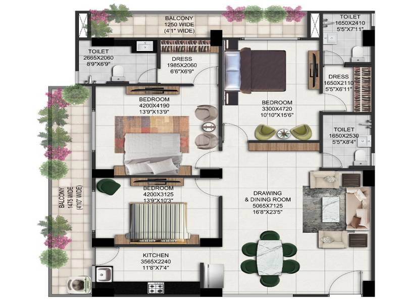 Floor plan of 3 BHK 1253 Sq. Ft. Apartment in Shivani SG Heights, Lucknow