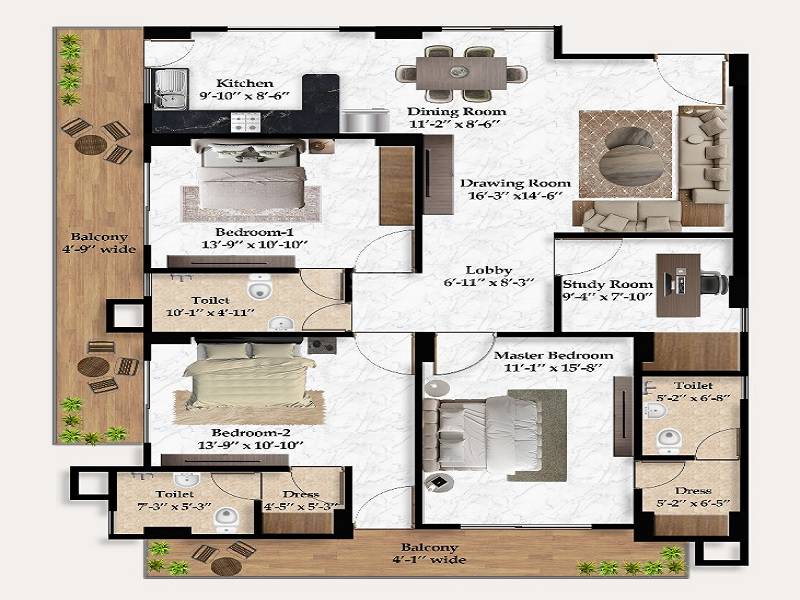 Floor plan of 3 BHK 1273 Sq. Ft. Apartment in Shivani SG Heights, Lucknow