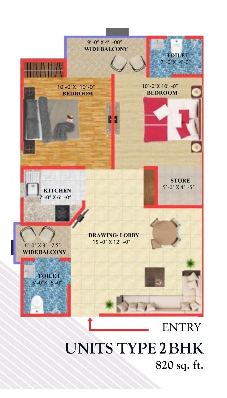 Floor plan of 2 BHK 820 Sq. Ft. Apartment in Shri Balaji BCC Heights, Lucknow