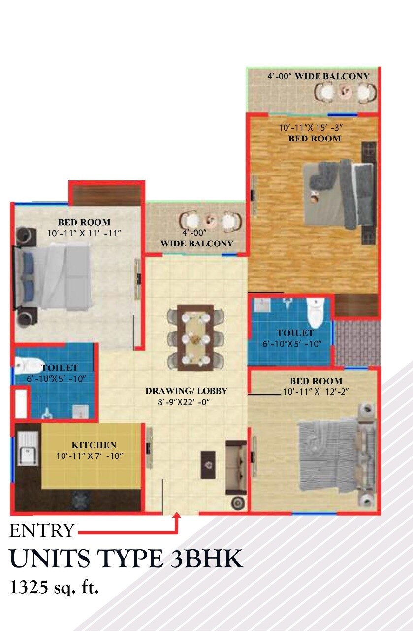 Floor plan of 3 BHK 1325 Sq. Ft. Apartment in Shri Balaji BCC Heights, Lucknow