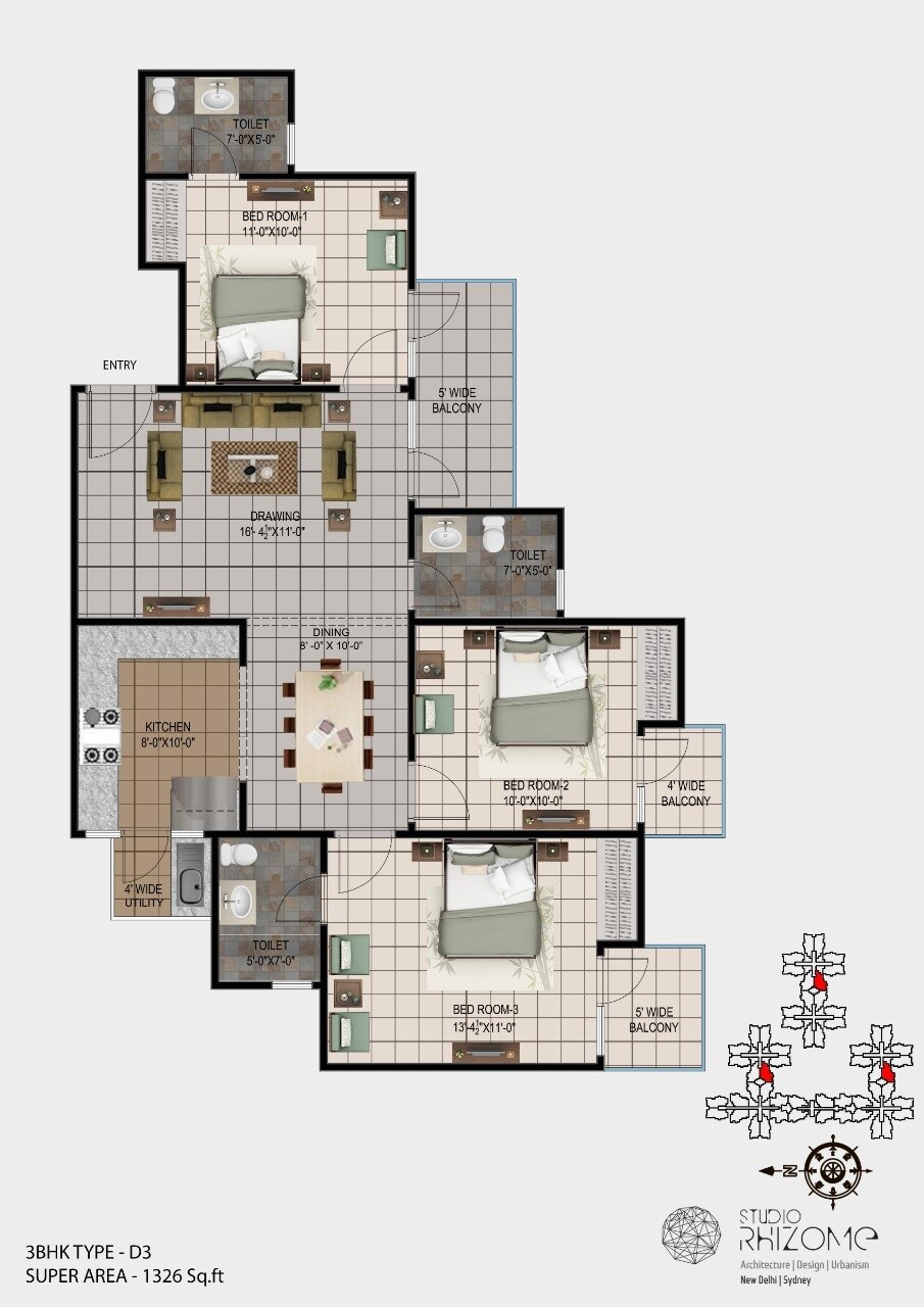 Floor plan of 3 BHK 1326 Sq. Ft. Apartment in Shri BCC Estate, Lucknow