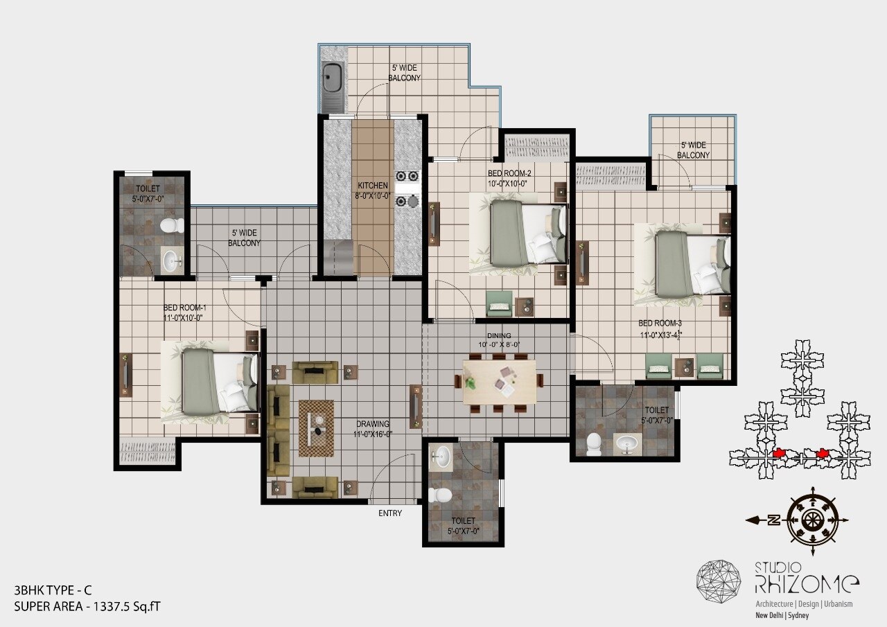 Floor plan of 3 BHK 1337 Sq. Ft. Apartment in Shri BCC Estate, Lucknow