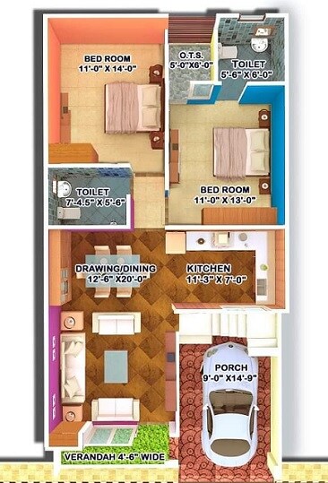 Floor plan of 2 BHK 1225 Sq. Ft. Villa in Sri Sai Basera, Lucknow