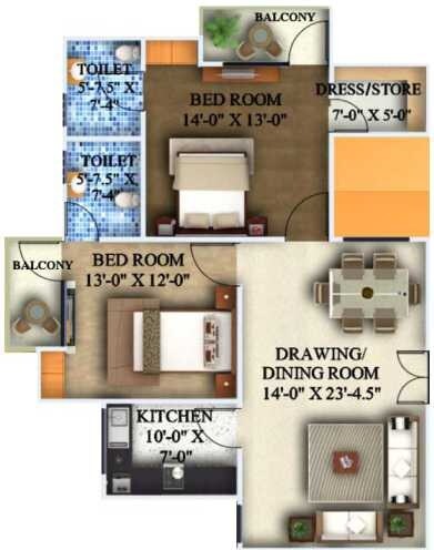 Floor plan of 2 BHK 1325 Sq. Ft. Apartment in Sukriti Sai Yash, Lucknow