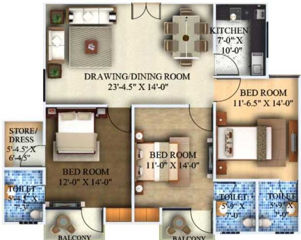 Floor plan of 3 BHK 1615 Sq. Ft. Apartment in Sukriti Sai Yash, Lucknow