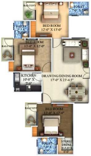 Floor plan of 3 BHK 1665 Sq. Ft. Apartment in Sukriti Sai Yash, Lucknow