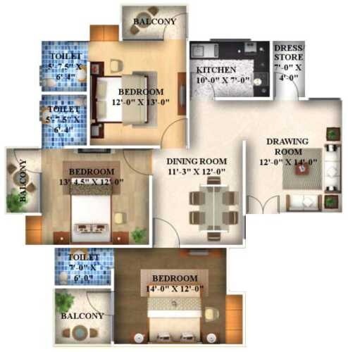 Floor plan of 3 BHK 1685 Sq. Ft. Apartment in Sukriti Sai Yash, Lucknow