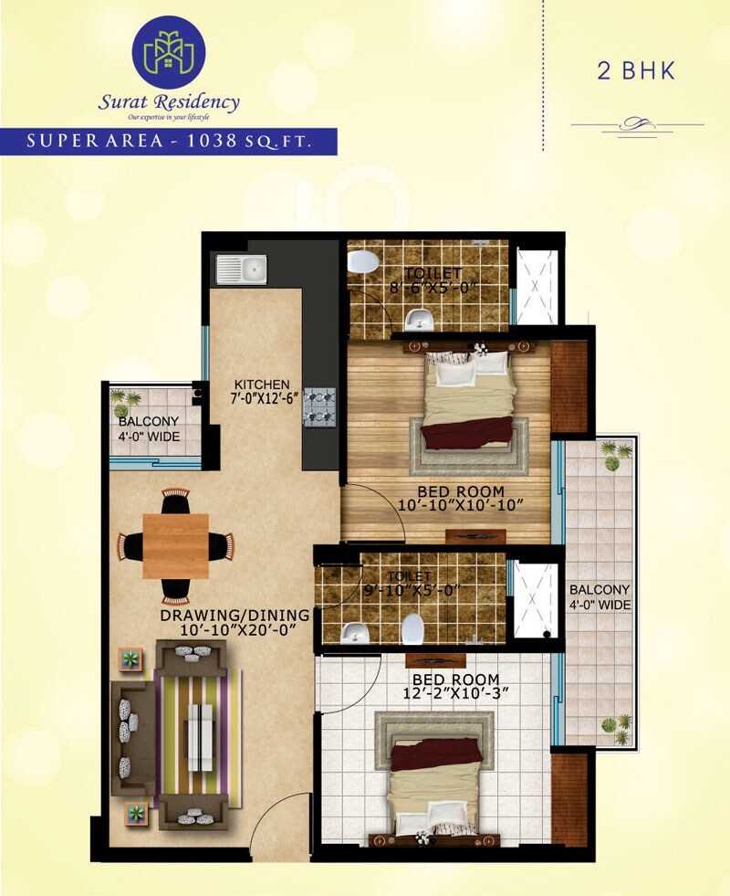 Floor plan of 2 BHK 1038 Sq. Ft. Apartment in Surat Residency, Lucknow