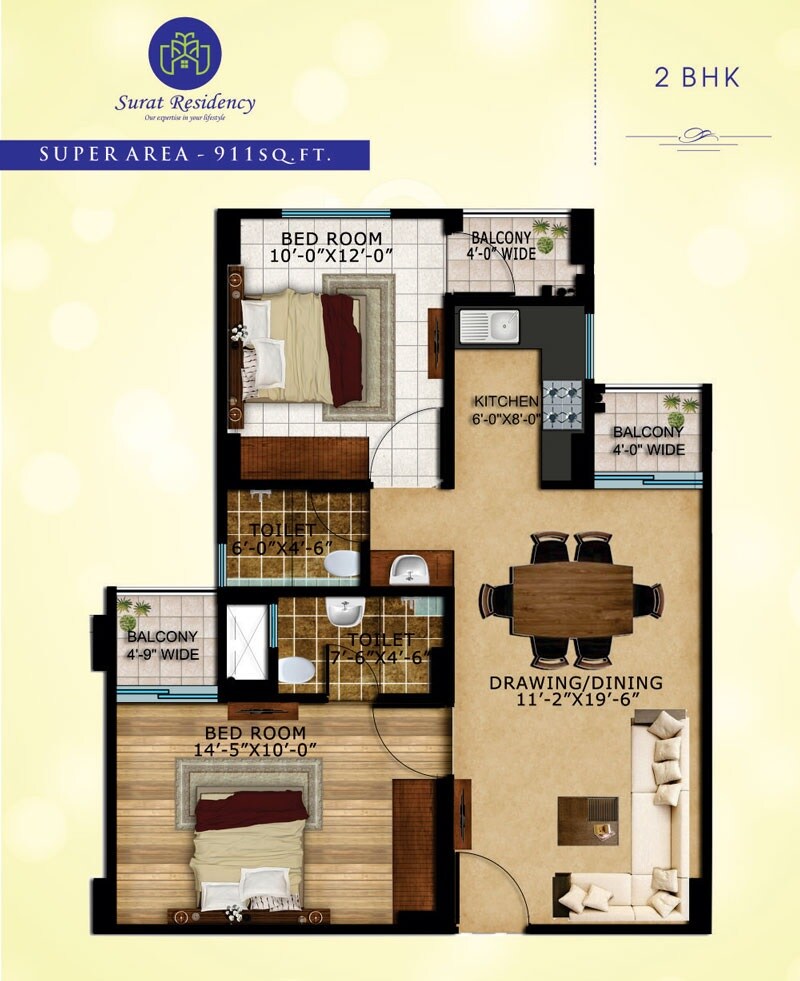 Floor plan of 2 BHK 911 Sq. Ft. Apartment in Surat Residency, Lucknow