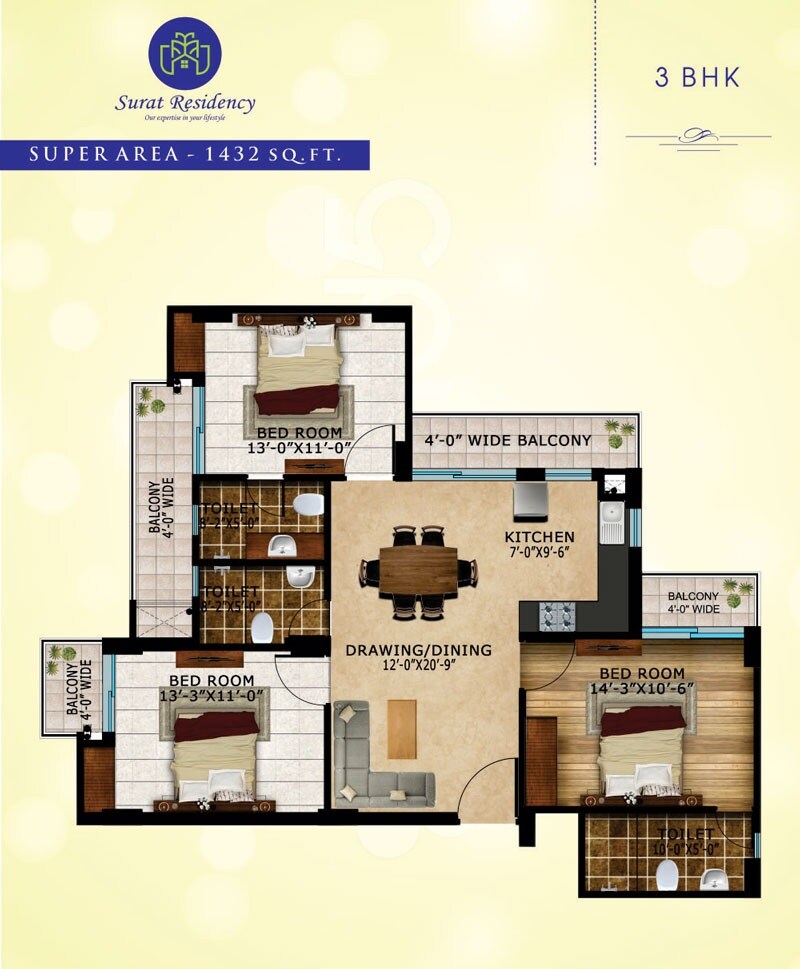 Floor plan of 3 BHK 1432 Sq. Ft. Apartment in Surat Residency, Lucknow