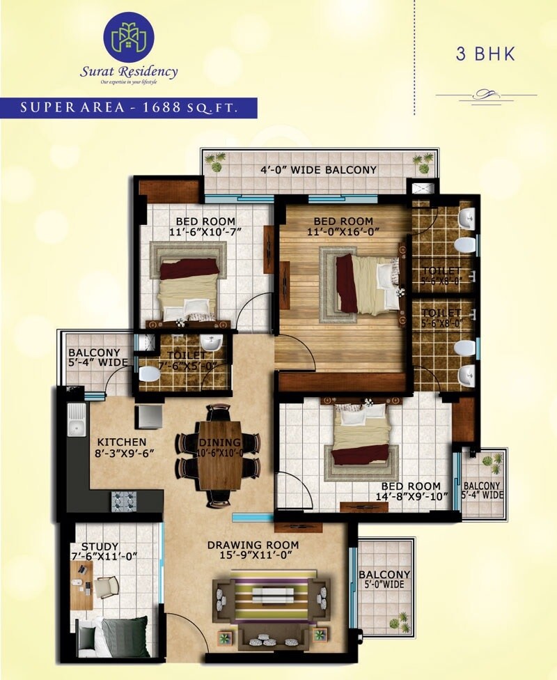 Floor plan of 3 BHK 1688 Sq. Ft. Apartment in Surat Residency, Lucknow