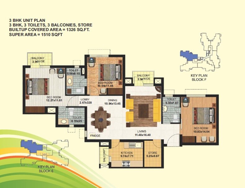 Floor plan of 3 BHK 1510 Sq. Ft. Apartment in UPAVP Bhagirathi Enclave, Lucknow