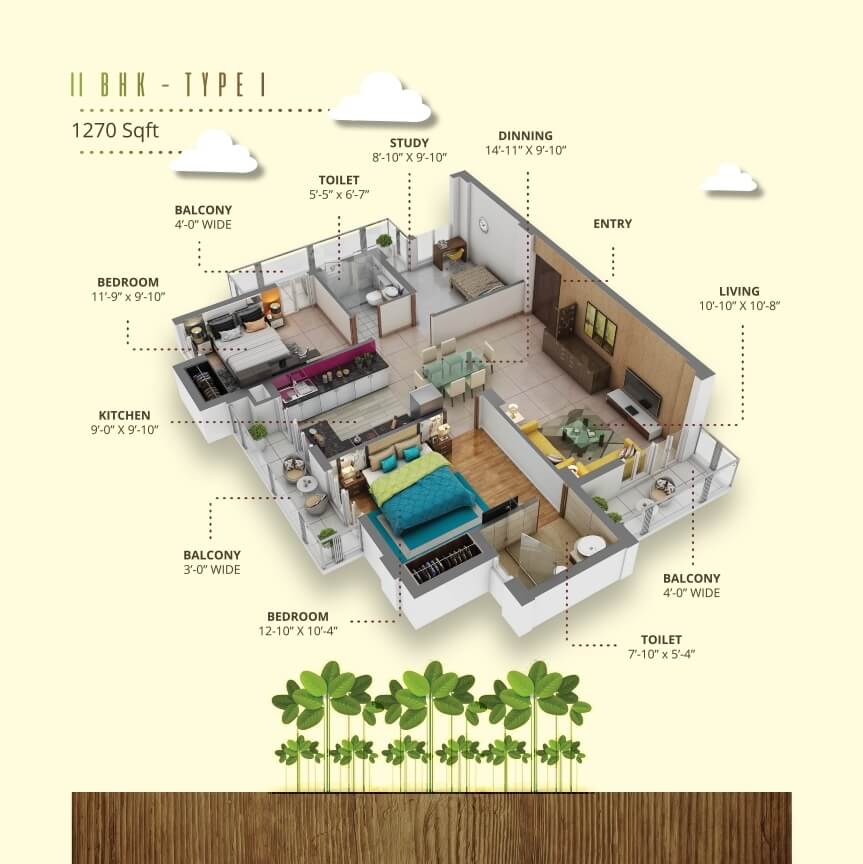 Floor plan of 2 BHK 1270 Sq. Ft. Apartment in Urban Axis Urban Woods, Lucknow