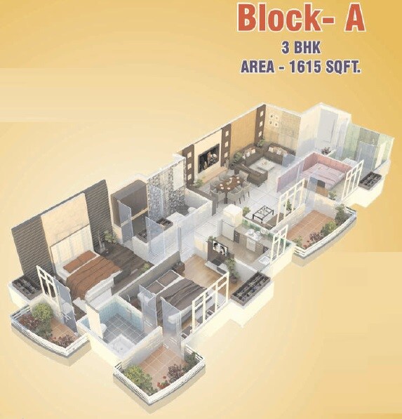 Floor plan of 3 BHK 1615 Sq. Ft. Apartment in Venessa Enfinity Heights, Lucknow